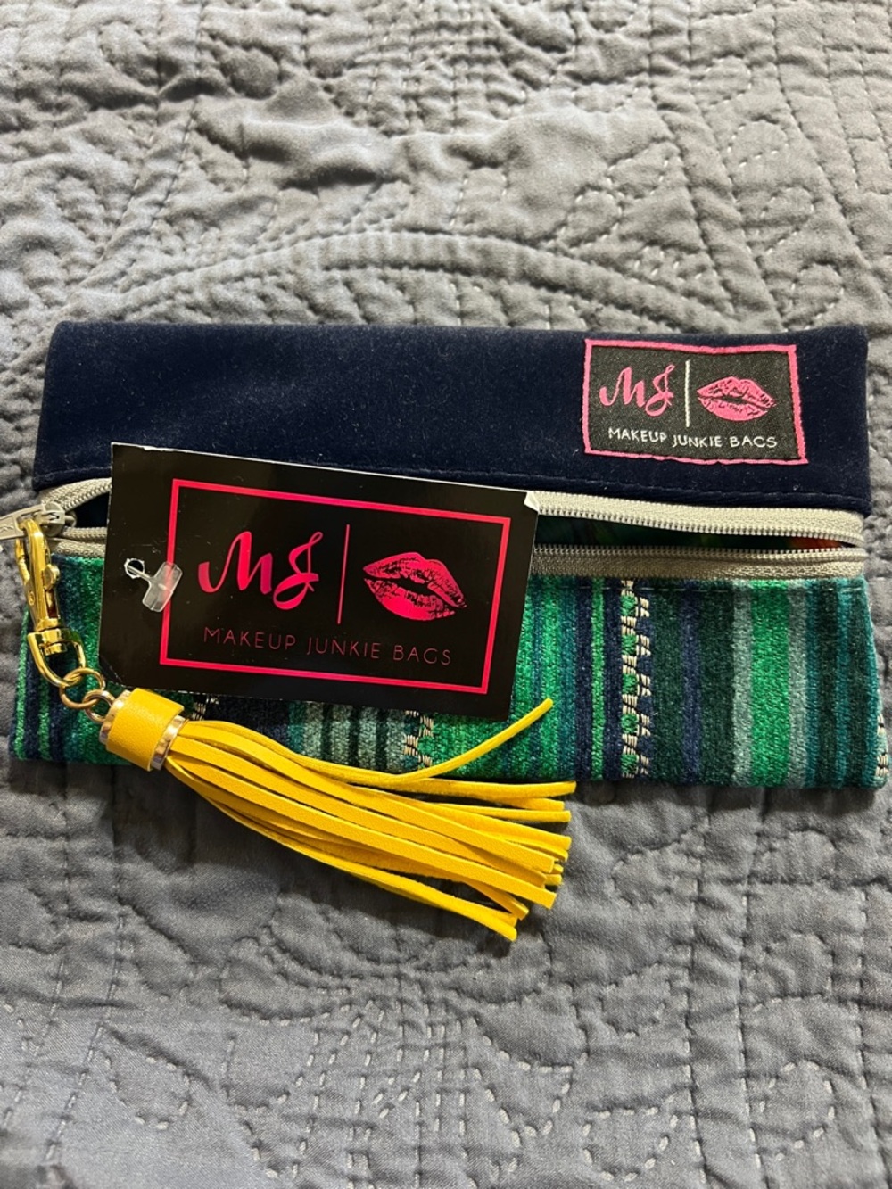Makeup Junkie Green & Navy Striped Cosmetic Wristlet with Yellow Tassel